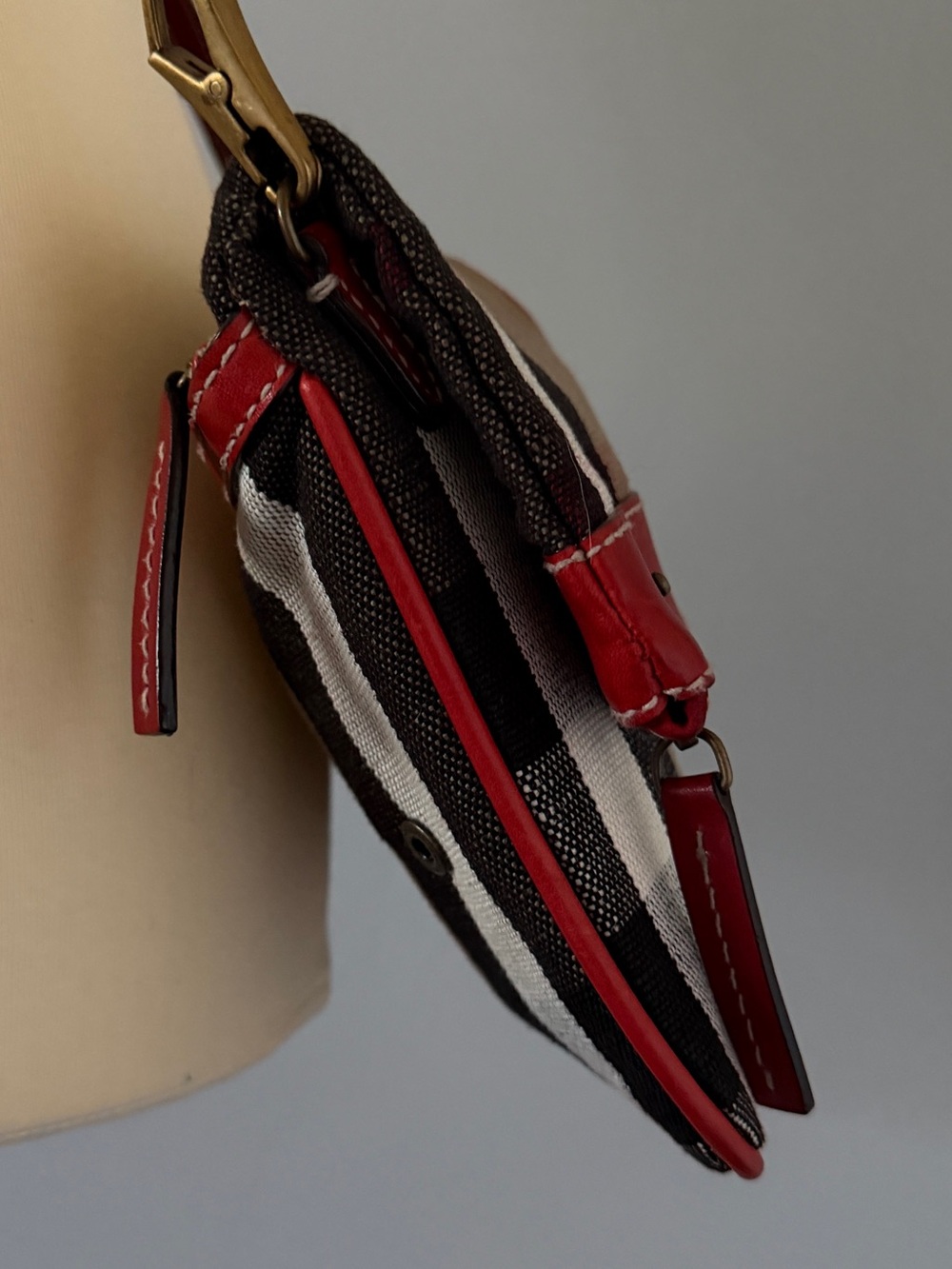 Burberry House Check Jute Clutch Crossbody Red Leather Trim - Picture 14 of 14